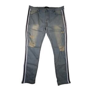 SERENEDE Slim Straight Racing Side Stripe‎ Distress Light Wash Jeans Size 42